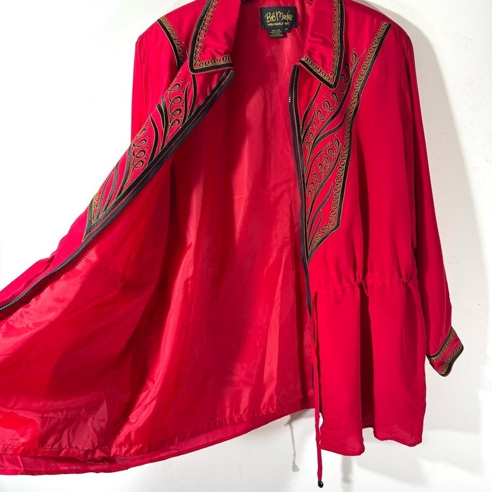 Vintage BOB MACKIE Wearable Art SILK Red and Black Embroidered Jacket - Picture 6 of 10